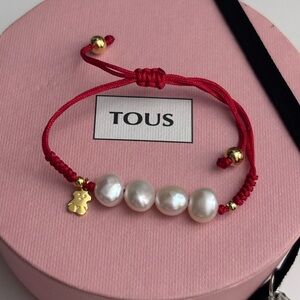 Tous Bear Freshwater Cultured Pearls and Red Cord Bracelet - Adjustable